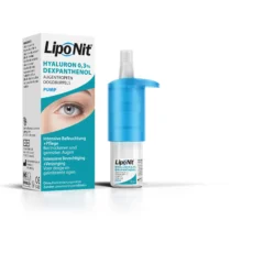 Verpakking en flesje van LipoNit oogdruppels met hyaluronzuur 0.3% en dexpanthenol.