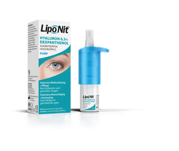 Verpakking en flesje van LipoNit oogdruppels met hyaluronzuur 0.3% en dexpanthenol.